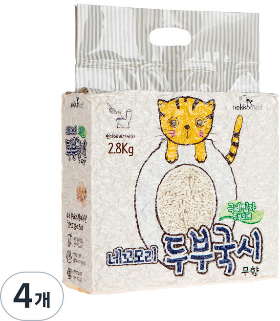 네꼬모리 응고형 두부국시 극세입자 고양이 모래, 2.8kg, 4개, 무향