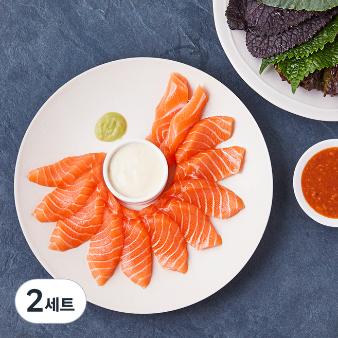 얌테이블 오늘 새벽 생산한 슬라이스 연어회 150g + 연어용소스 + 간장소스 + 생와사비 + 쌈장 + 쌈야채 세트, 2세트
