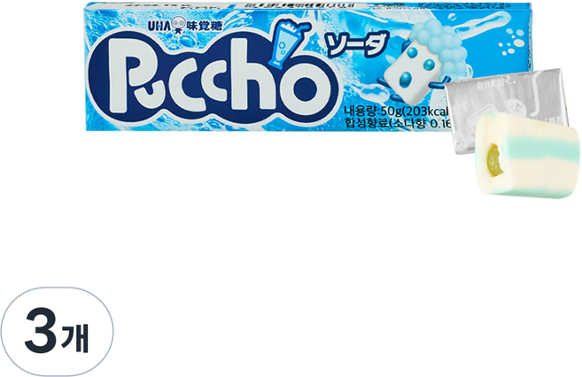 UHA 미카쿠도 푸쵸 스틱캔디 소다맛, 50g, 3개