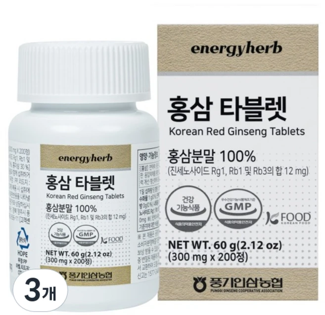 에너지허브 홍삼 타블렛 60g, 3개, 200정 - 쿠팡