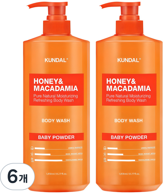 쿤달 허니 앤 마카다미아 퓨어 바디워시 베이비파우더향, 1.058L, 6개