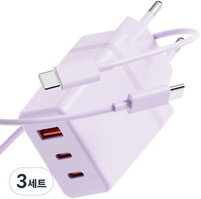 누아트 PD충전 36W 3포트 멀티 초고속 충전기 어댑터 + C to C 고속 충전케이블 1m 세트, 라벤더, 3세트