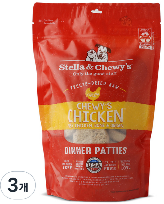 스텔라앤츄이스 전연령 강아지 디너패티 동결건조 사료, 닭, 397g, 3개