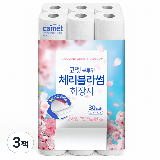 코멧 블루밍 체리블라썸 화장지, 3팩, 30롤, 30m
