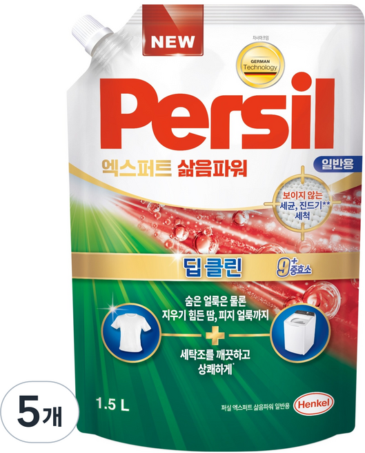 퍼실 엑스퍼트 삶음파워 일반용 액상세제 리필, 1.5L, 5개