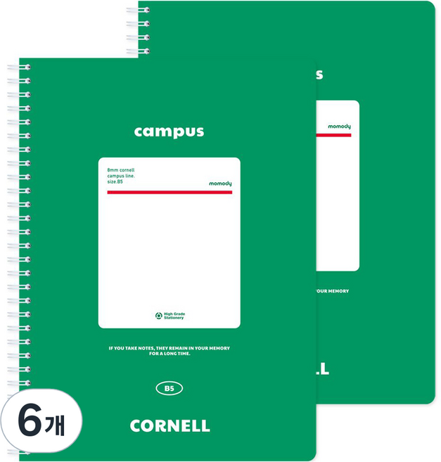 모모디 심플 디자인 비비드 컬러 마제틱 스프링 코넬 노트 80p, 그린, 6개