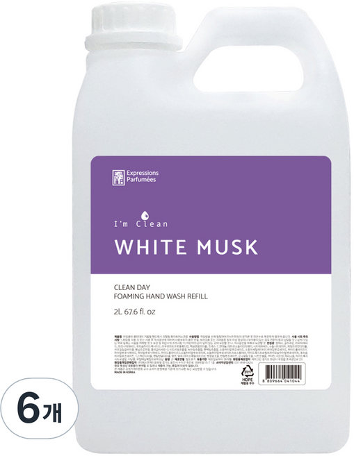 아임클린 클린데이 거품 핸드워시 리필 화이트 머스크, 2L, 6개
