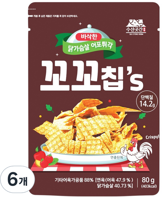 수산곳간 닭가슴살 어포튀각 꼬꼬칩, 80g, 6개