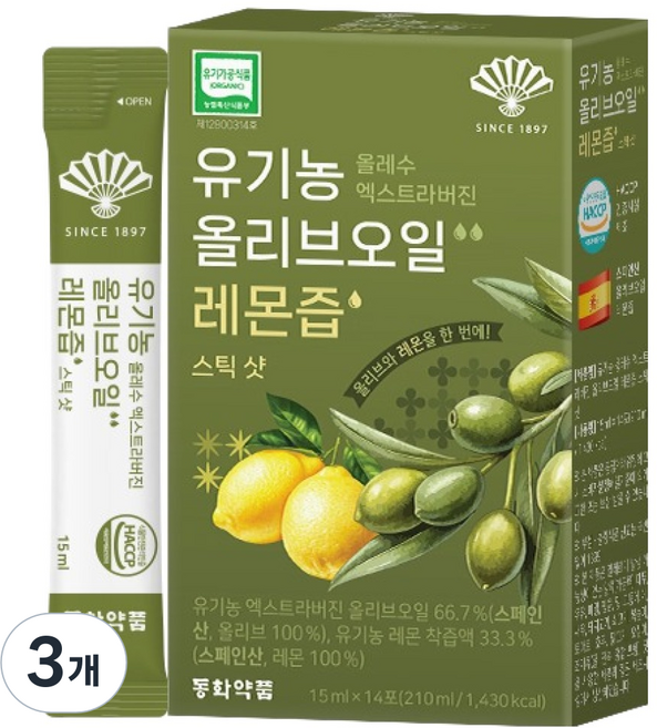 동화약품 유기농 올레수 엑스트라버진 올리브오일 레몬즙 스틱 샷 14p, 3개, 210ml