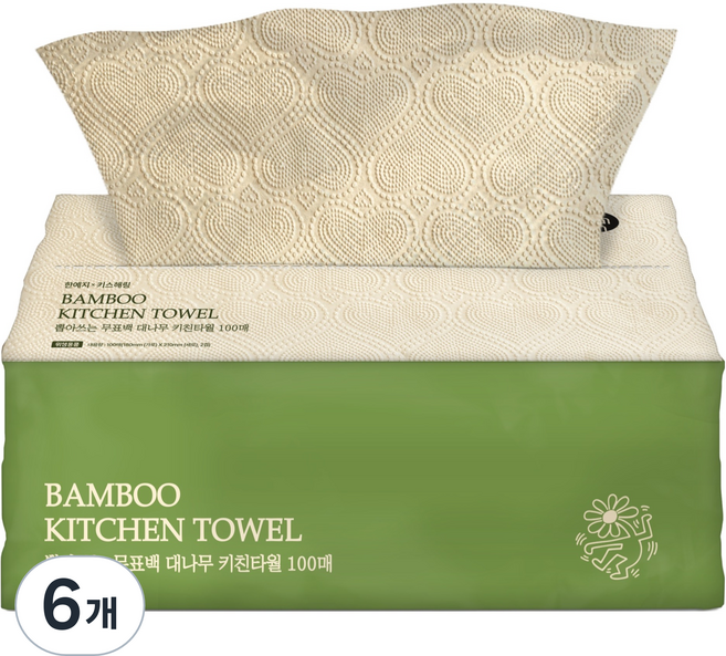 한예지 키스해링 대나무 뽑아쓰는 키친타올, 100개입, 6개