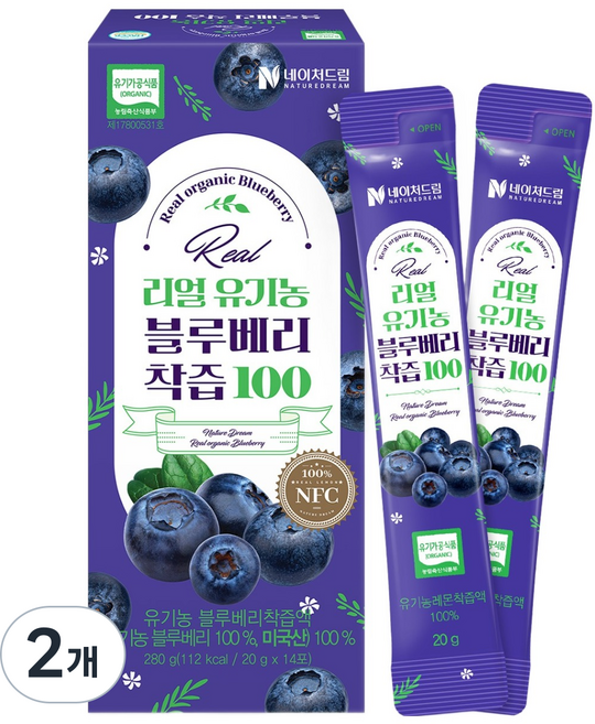 네이처드림 리얼 유기농 블루베리 착즙 100 14p, 2개, 280g