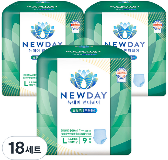 뉴데이 남성용 언더웨어 울트라슬림 성인기저귀, 대형, 9매입, 18세트