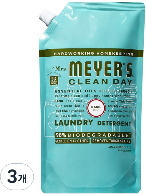 미세스마이어스클린데이 세탁세제 바질 리필, 800ml, 3개
