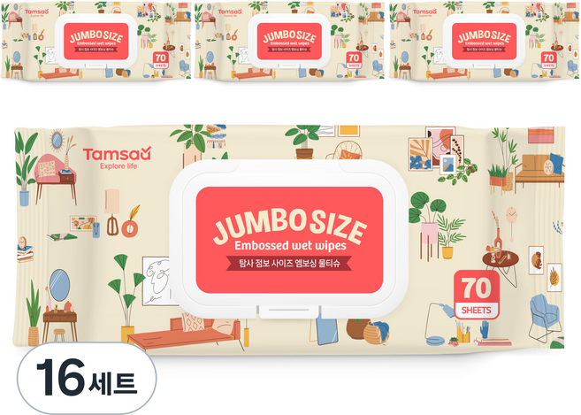 탐사 점보 사이즈 도톰한 엠보싱 물티슈 캡형, 16세트, 70매입, 50g