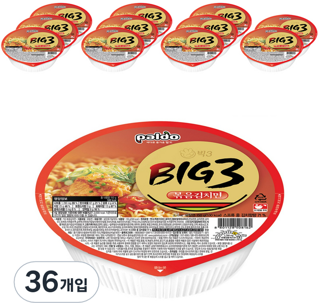 팔도 빅3 볶음김치면 컵라면 150g, 36개