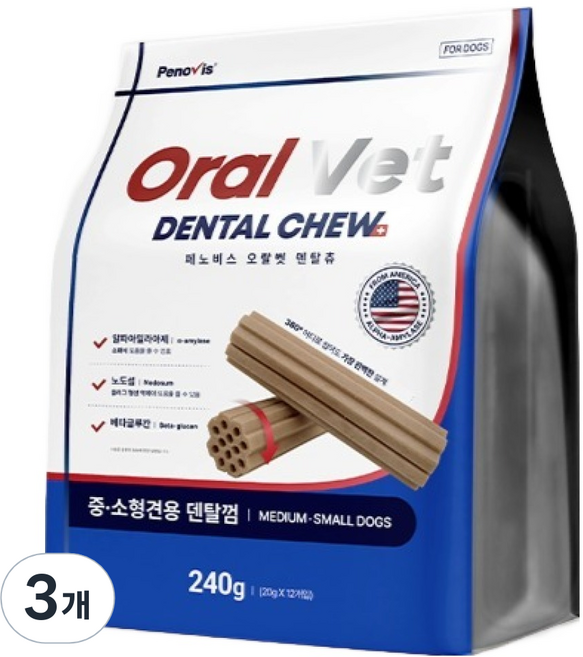 페노비스 강아지 오랄벳 덴탈껌 중 소형견용, 240g, 3개, 닭고기맛