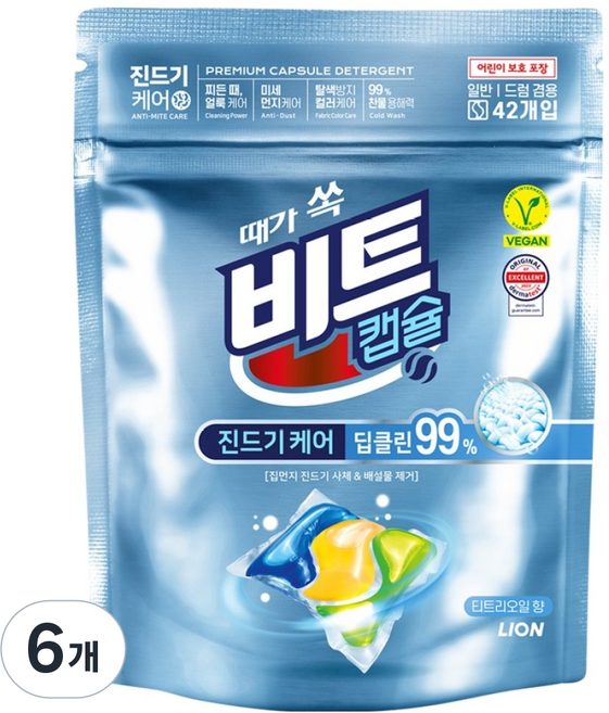 Beat [Vegan Life] 強效去汙 BEAT POD 茶樹香氛膠囊洗衣精, 42入, 6個
