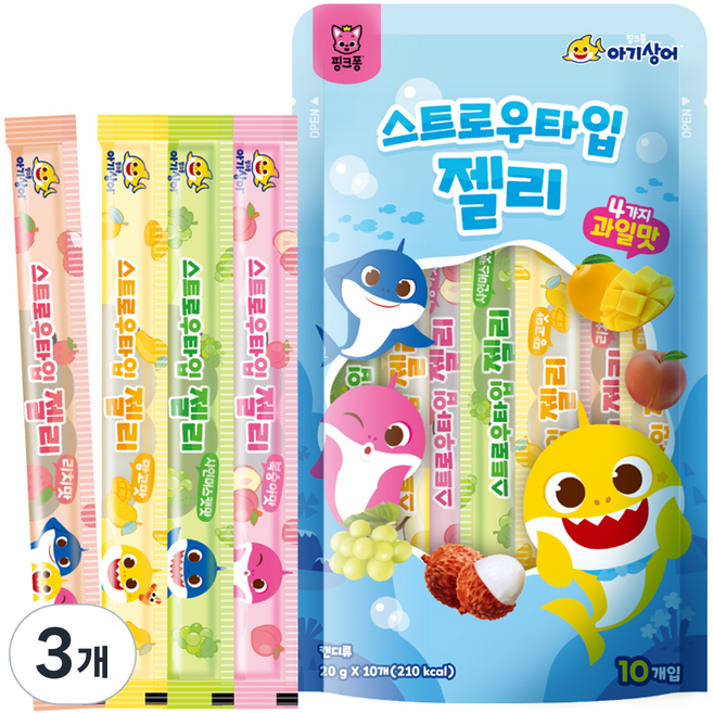 핑크퐁 아기상어 스트로우타입 젤리 10p 랜덤발송, 200g, 3개, 혼합맛(복숭아/리치/망고/샤인머스캣)