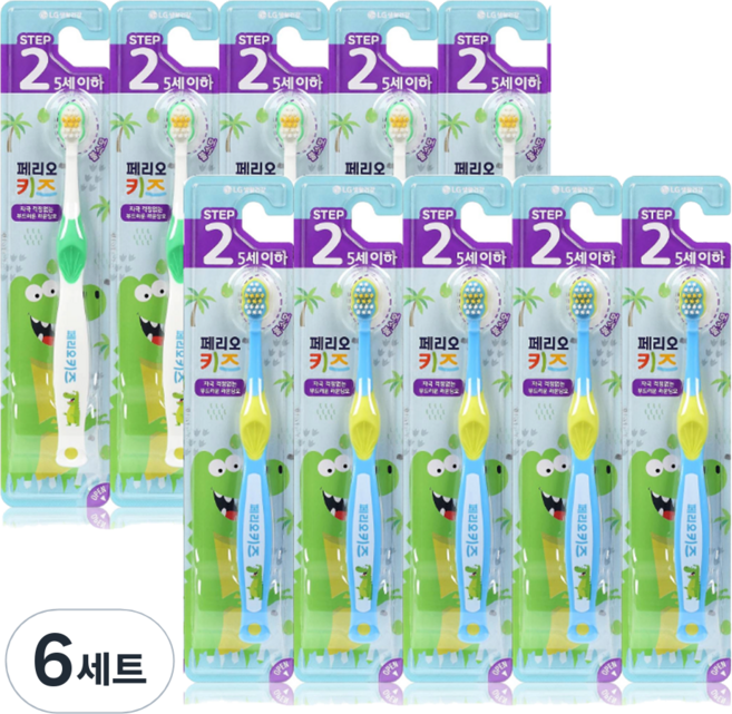 페리오 공룡 스텝2 5세 이하 어린이 칫솔 2종 x 5p, 흰색 + 파란색, 6세트