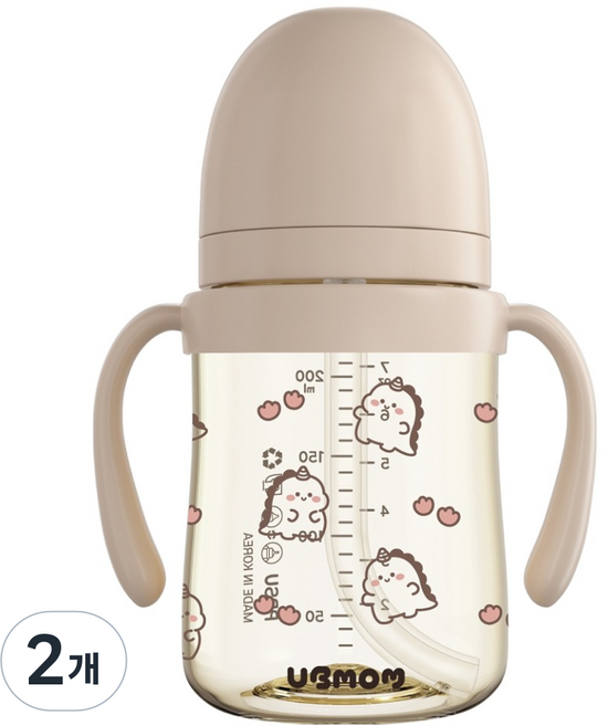 유비맘 유아용 국내 제조 공룡 디자인 PPSU 역류 물샘방지 빨대컵, 200ml, 2개, 브라운(초코)
