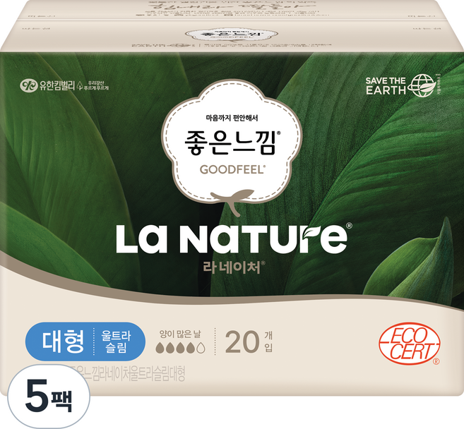 라네이처 좋은느낌 울트라 슬림 생리대 날개형, 대형, 20개입, 5개