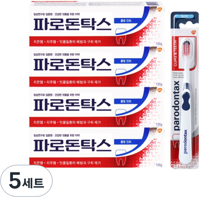 파로돈탁스 쿨링민트 치약 100g 4개 + 파로돈탁스 검앤티스 칫솔 1개, 5세트