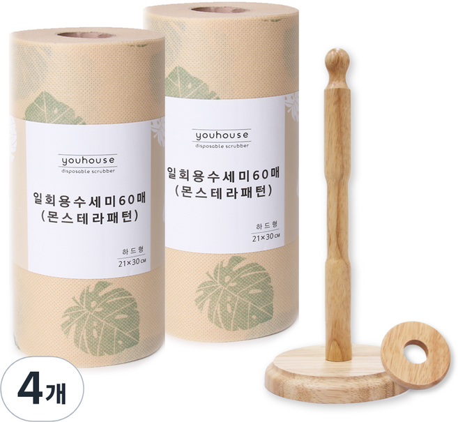 유하우스 몬스테라 양면 일회용 수세미 60매 2p + 원목 롤 수세미 전용 걸이, 혼합 색상, 4개