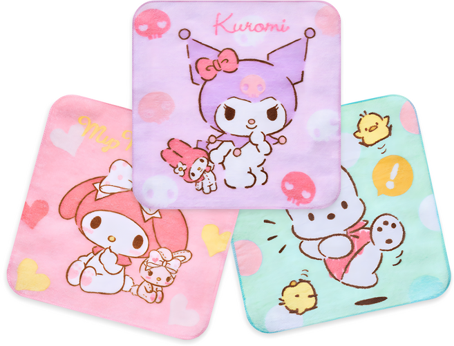 ONEDER 旺達棉品 三麗鷗系列 小方巾3件組, 1套, 美樂蒂 + 酷洛米 + 帕恰狗 紫色 + 粉色 + 綠色