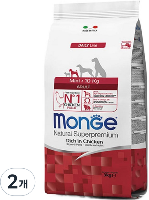몬지 어덜트 도그 내추럴 슈퍼프리미엄 미니 건식사료, 닭, 3kg, 2개
