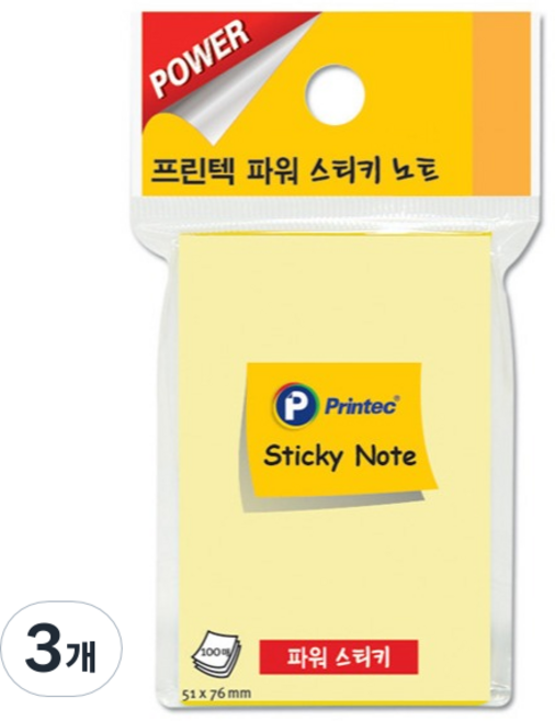 프린텍 파워 스티키 노트 접착메모지 S5176Y, 파스텔노랑, 100매, 3개
