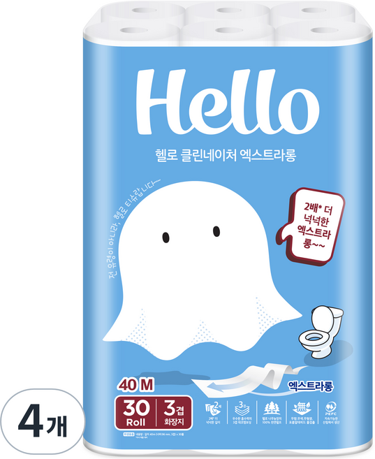 헬로 클린네이처 엑스트라롱 천연펄프 3겹 고급롤화장지, 40m, 30개입, 4개