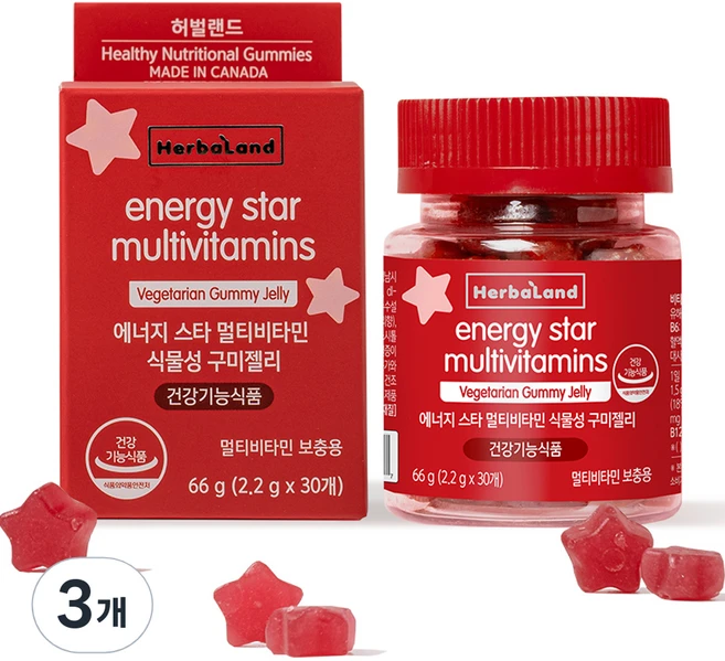 허벌랜드 에너지 스타 멀티 비타민 식물성 구미젤리, 30정, 3개 - 쿠팡