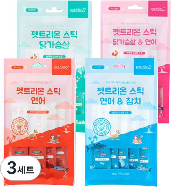 펫트리온 반려동물 스틱 4종 x 50g 세트, 닭가슴살맛, 닭가슴살 + 연어 혼합맛, 연어맛, 연어 + 참치 혼합맛, 10g, 3세트