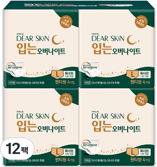 디어스킨 에어엠보 입는 오버나이트, 특대형, 4개입, 12개