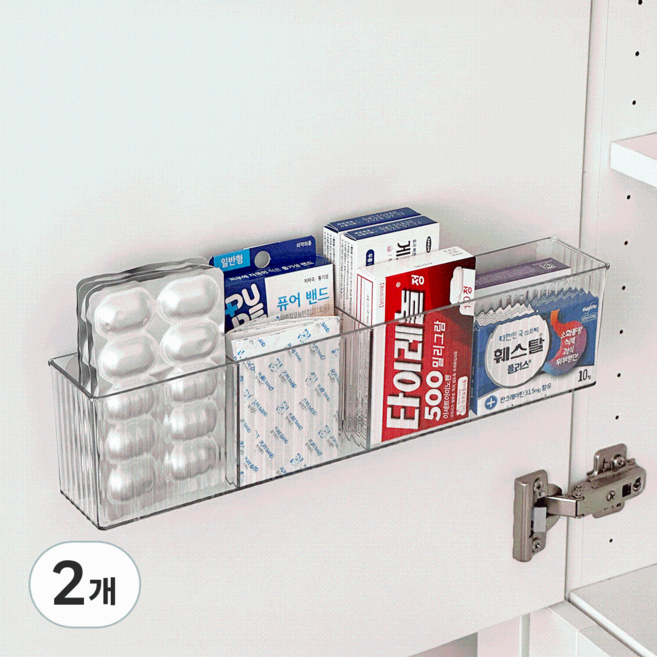 데미무드 플로팅 무타공 부착식 아크릴 약 정리함 물결칸막이형, 2개, 투명