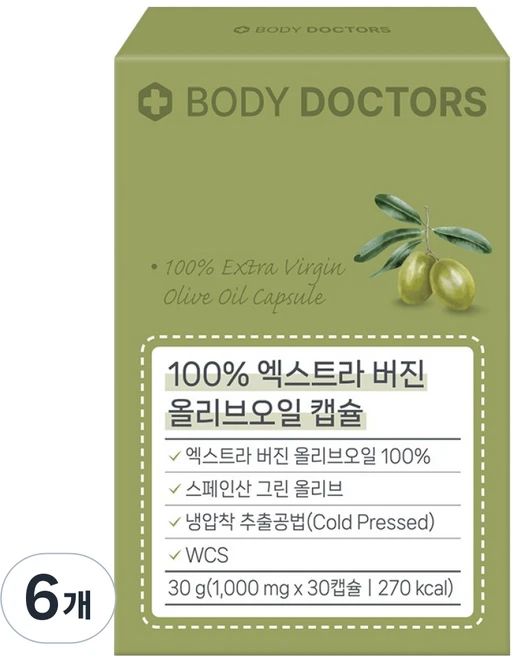 바디닥터스 100% 엑스트라버진 올리브오일 캡슐 30g, 6개, 30정 - 쿠팡