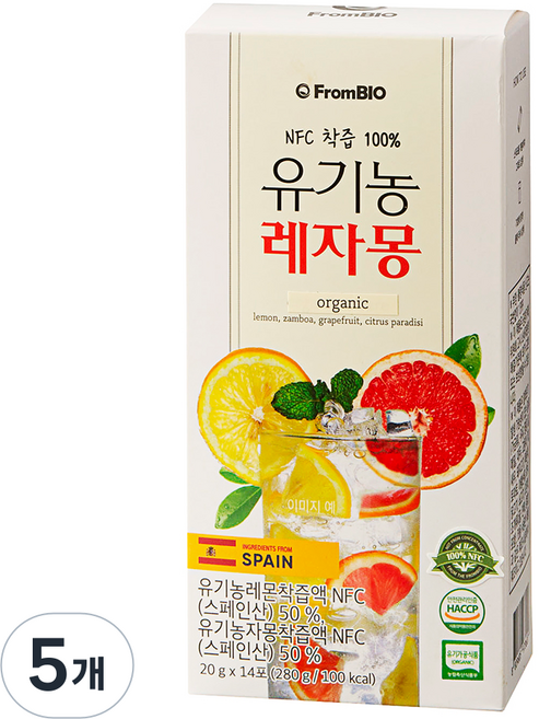 프롬바이오 NFC 유기농 레자몽 즙 14P, 280g, 5개