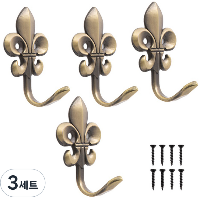 철물대장 벽옷걸이 벽면 후크 화살 4p + 피스고정형 엔틱 세트, 혼합색상, 3세트