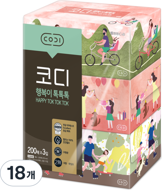 코디 행복이 톡톡톡 천연펄프 각티슈 2겹, 200매, 18개
