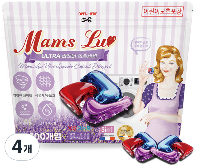 맘스럽 울트라 라벤더 캡슐세제 파우치형 프리미엄 국내생산 특대용량 초고농축 실내건조형 일반겸용, 100개입, 4개