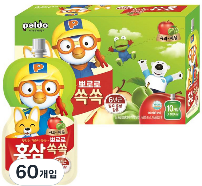 팔도 뽀로로 홍삼쏙쏙 사과매실, 100ml, 60개