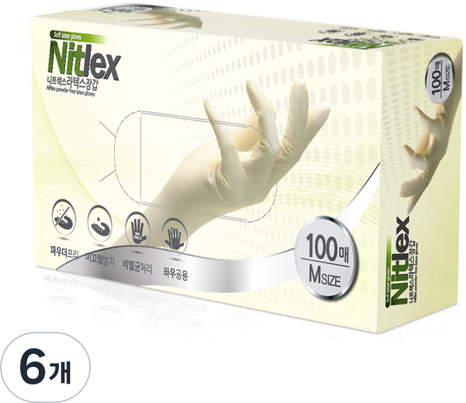 니트렉스 라텍스장갑 100p, 화이트, 중(M), 6개