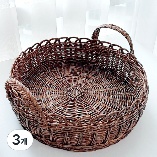 Rattan Shop 藤木圓形手把藤編籃 J083H, 棕色, 3個