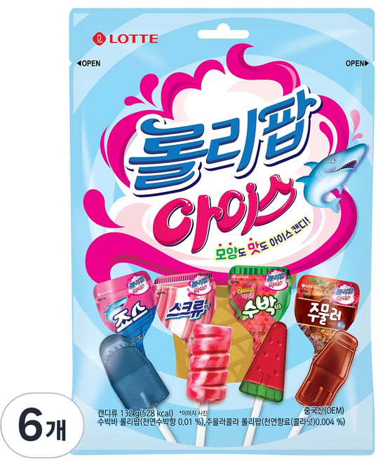 롯데웰푸드 롤리팝 아이스 캔디, 132g, 6개