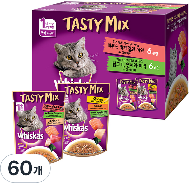 위스카스 테이스티믹스 주식파우치 씨푸드 칵테일과 미역 + 닭고기 연어와 미역, 닭, 70g, 60개