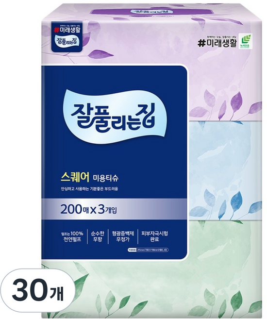 잘풀리는집 스퀘어 천연펄프 미용티슈 2겹, 30개, 200매