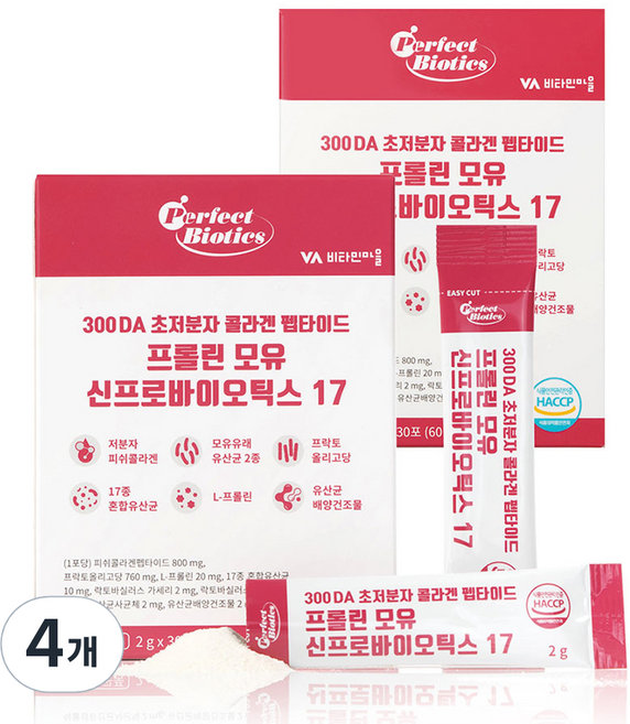 비타민마을 퍼펙트바이오틱스 300DA 초저분자 콜라겐 펩타이드 프롤린 모유 신프로바이오틱스 17 30p, 60g, 4개