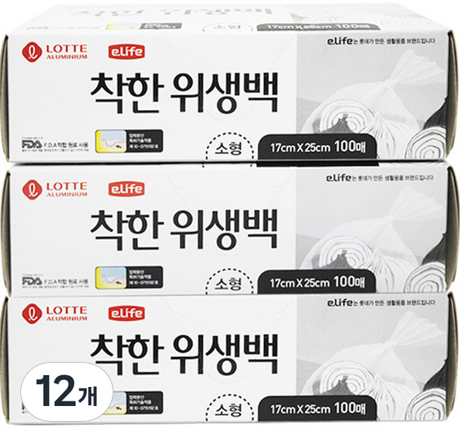 롯데 이라이프 착한 위생백 소형 17 x 25 cm, 소(S), 100개입, 12개