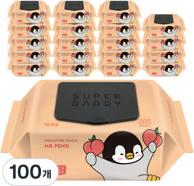 슈퍼대디 시그니처 미스터펭 피치 엠보싱 아기물티슈 캡형, 100개, 70개입, 70g