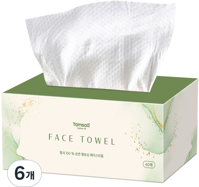 탐사 100% 순면 엠보싱 일회용 페이스 타올 60매, 화이트, 6개